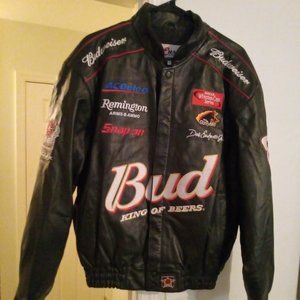 Men Leather race car Budweiser /Vintage Jeff Halminton chase authentics jacket .